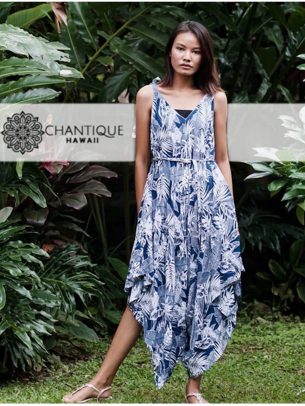 Blue Hawaii Palm-Print Sleeveless Handkerchief jumpsuit os nwot